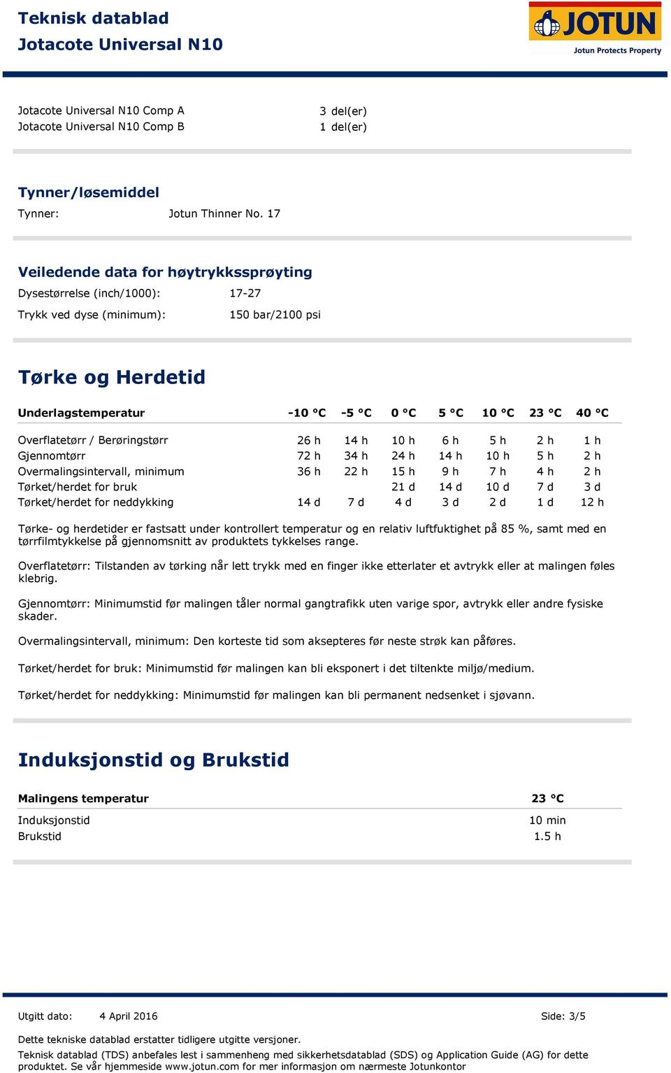 Overflatetørr / Berøringstørr Gjennomtørr Tørket/herdet for bruk 26 h 14 h 10 h 6 h 5 h 2 h 1 h 72 h 34 h 24 h 14 h 10 h 5 h 2 h Overmalingsintervall, minimum 36 h 22 h 15 h 9 h 7 h 4 h 2 h 21 d 14 d