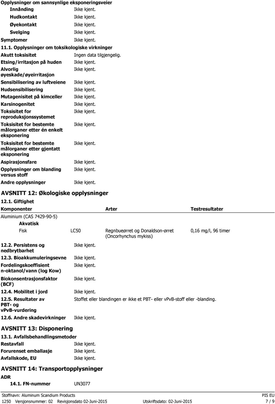 Sensibilisering av luftveiene Hudsensibilisering Mutagenisitet på kimceller Karsinogenitet Toksisitet for reproduksjonssystemet Toksisitet for bestemte målorganer etter én enkelt eksponering