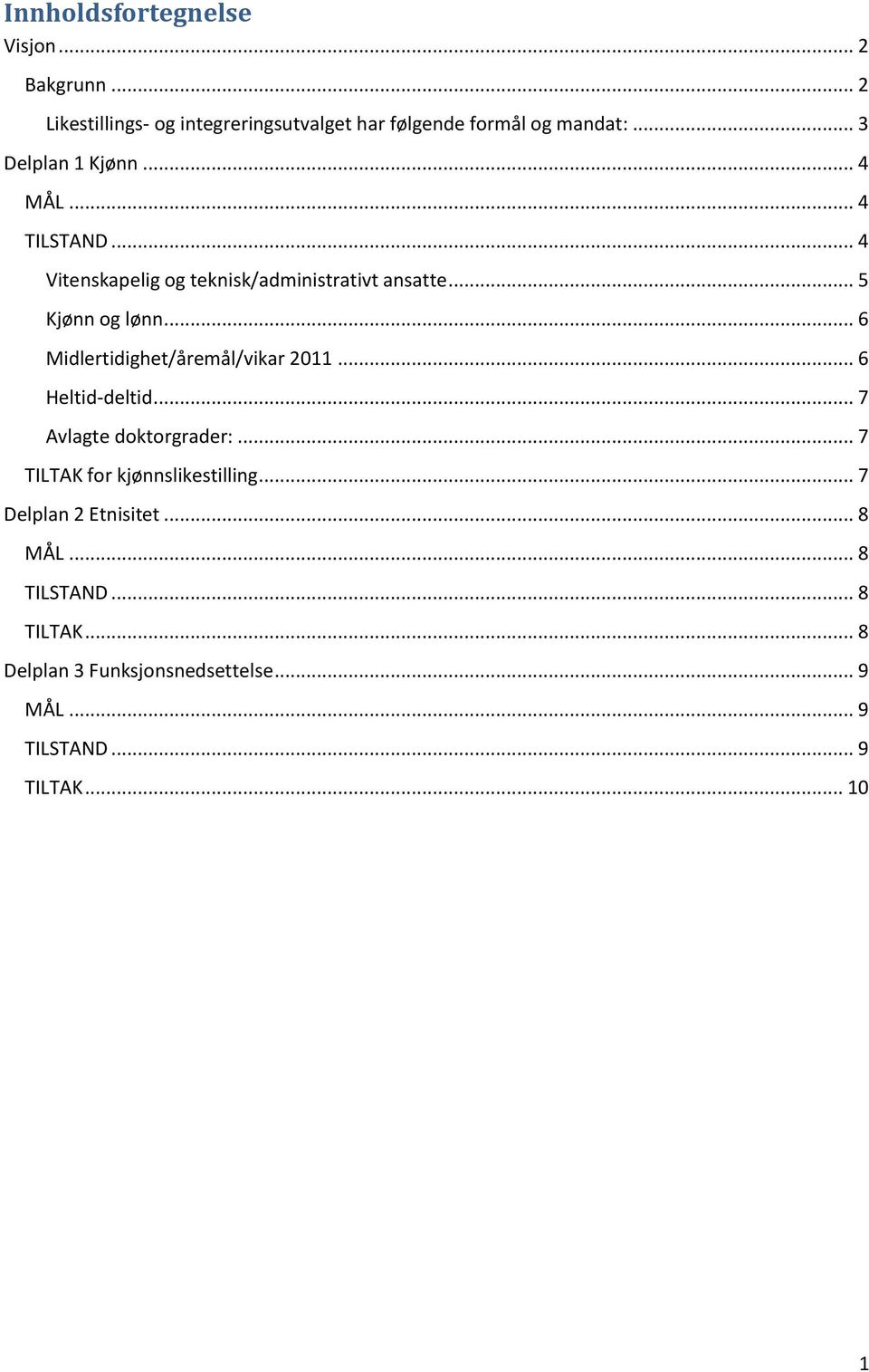 .. 6 Midlertidighet/åremål/vikar 2011... 6 Heltid-deltid... 7 Avlagte doktorgrader:... 7 TILTAK for kjønnslikestilling.