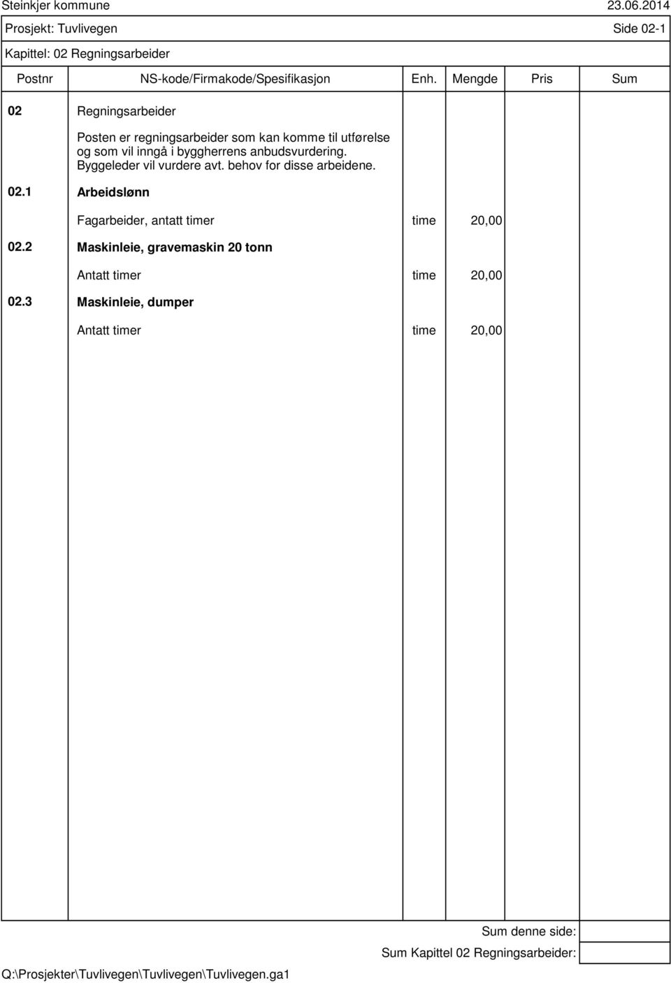 Byggeleder vil vurdere avt. behov for disse arbeidene. 02.1 Arbeidslønn Fagarbeider, antatt timer time 20,00 02.