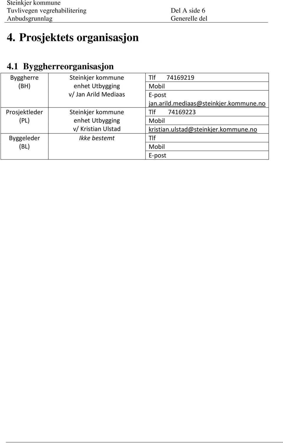 1 Byggherreorganisasjon Byggherre (BH) Prosjektleder (PL) Byggeleder (BL) Steinkjer kommune enhet Utbygging v/