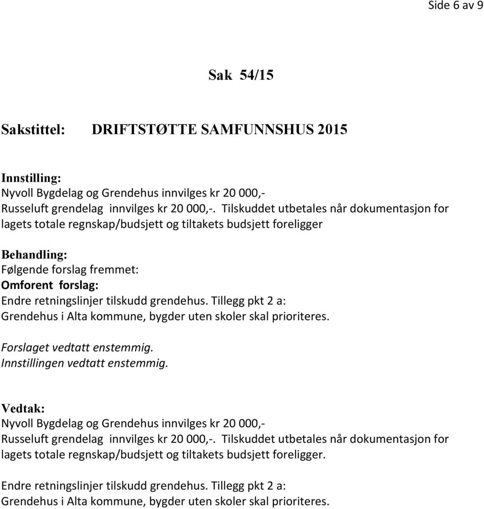 Tillegg pkt 2 a: Grendehus i Alta kommune, bygder uten skoler skal prioriteres. Forslaget vedtatt enstemmig. Innstillingen vedtatt enstemmig.