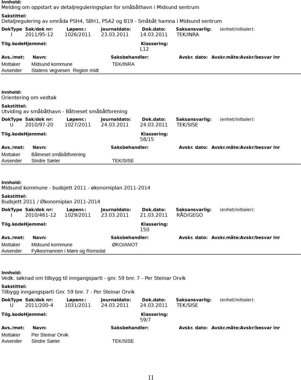 03.2011 21.03.2011 RÅD/GEGO 150 Mottaker Midsund kommune ØKO/ANOT Avsender Fylkesmannen i Møre og Romsdal Vedk. søknad om tilbygg til inngangsparti - gnr. 59 bnr.