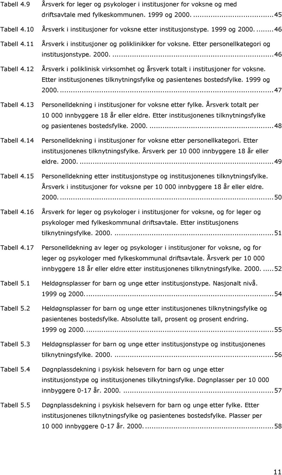 5 Årsverk i institusjoner og poliklinikker for voksne. Etter personellkategori og institusjonstype. 2000....46 Årsverk i poliklinisk virksomhet og årsverk totalt i institusjoner for voksne.