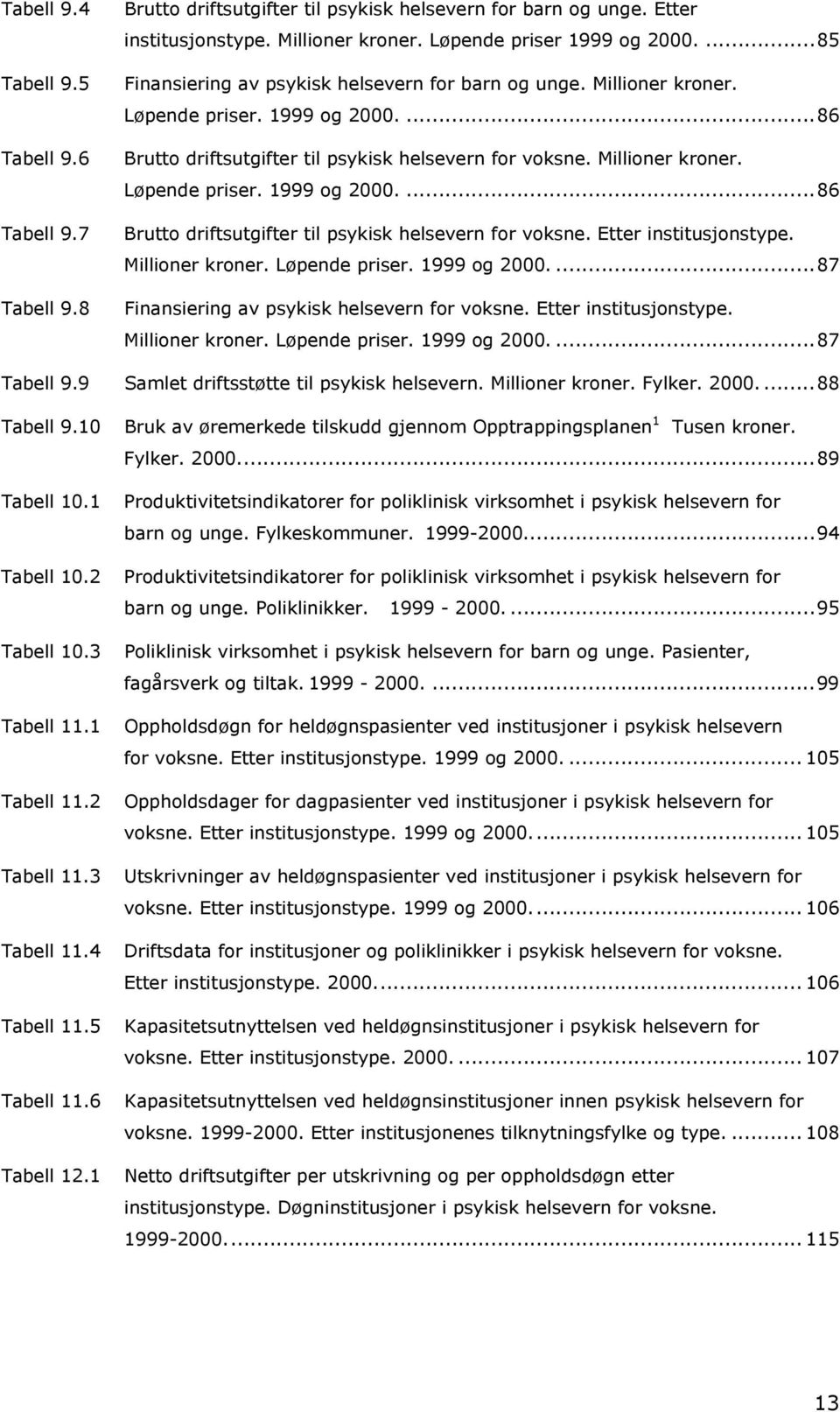 Millioner kroner. Løpende priser. 1999 og 2000....87 Finansiering av psykisk helsevern for voksne. Etter institusjonstype. Millioner kroner. Løpende priser. 1999 og 2000....87 Tabell 9.