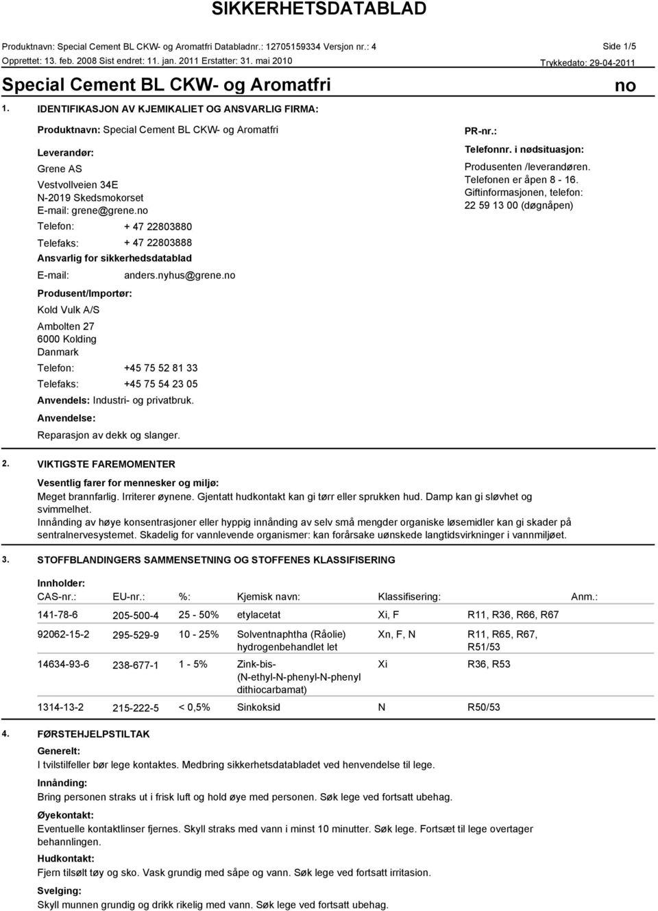 no Telefon: + 47 22803880 Telefaks: + 47 22803888 Ansvarlig for sikkerhedsdatablad E-mail: Produsent/Importør: Kold Vulk A/S Ambolten 27 6000 Kolding Danmark anders.nyhus@grene.