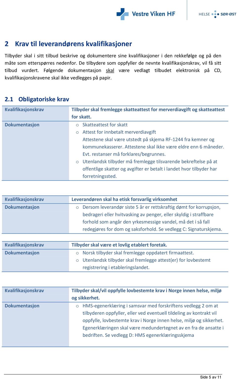 Følgende dokumentasjon skal være vedlagt tilbudet elektronisk på CD, kvalifikasjonskravene skal ikke vedlegges på papir. 2.