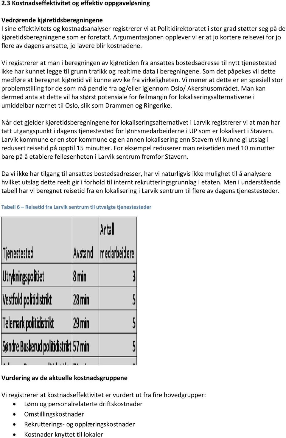 Vi registrerer at man i beregningen av kjøretiden fra ansattes bostedsadresse til nytt tjenestested ikke har kunnet legge til grunn trafikk og realtime data i beregningene.