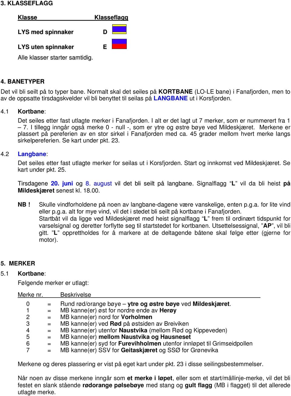 1 Kortbane: Det seiles etter fast utlagte merker i Fanafjorden. I alt er det lagt ut 7 merker, som er nummerert fra 1 7.