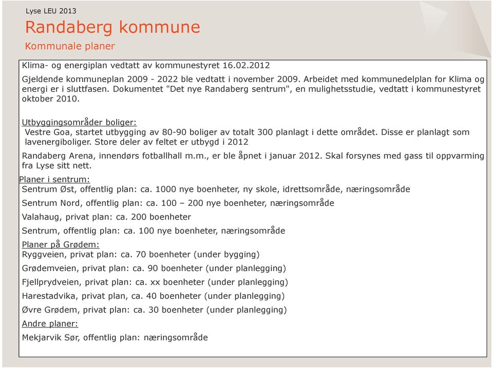 Utbyggingsområder boliger: Vestre Goa, startet utbygging av 80-90 boliger av totalt 300 planlagt i dette området. Disse er planlagt som lavenergiboliger.