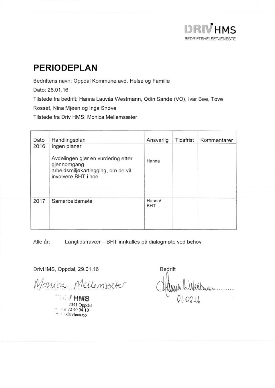 Dato Handlingsplan Ansvarlig Tidsfrist Kommentarer 2016 Ingen planer Avdelingen gjør en vurdering etter gjennomgang arbeidsmiljøkartlegging, om de vil