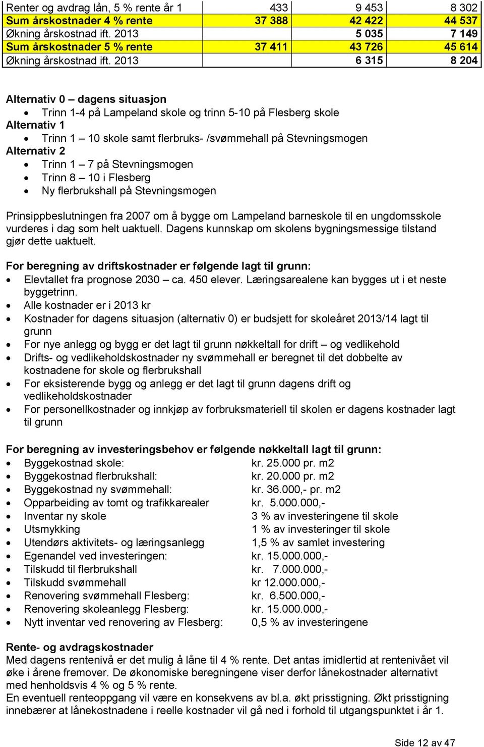 2013 6 315 8 204 Alternativ 0 dagens situasjon Trinn 1-4 på Lampeland skole og trinn 5-10 på Flesberg skole Alternativ 1 Trinn 1 10 skole samt flerbruks- /svømmehall på Stevningsmogen Alternativ 2