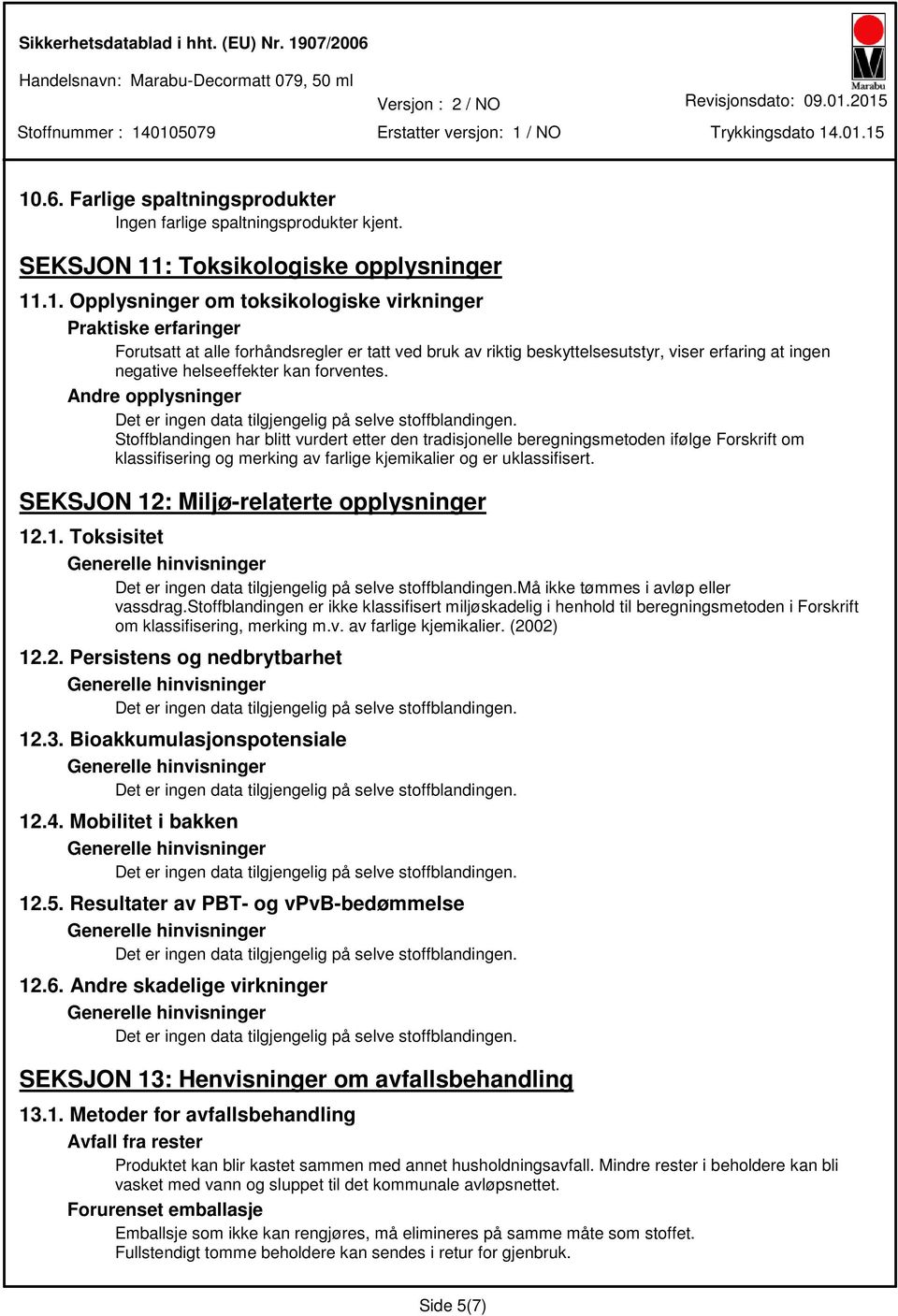 Stoffblandingen har blitt vurdert etter den tradisjonelle beregningsmetoden ifølge Forskrift om klassifisering og merking av farlige kjemikalier og er uklassifisert.