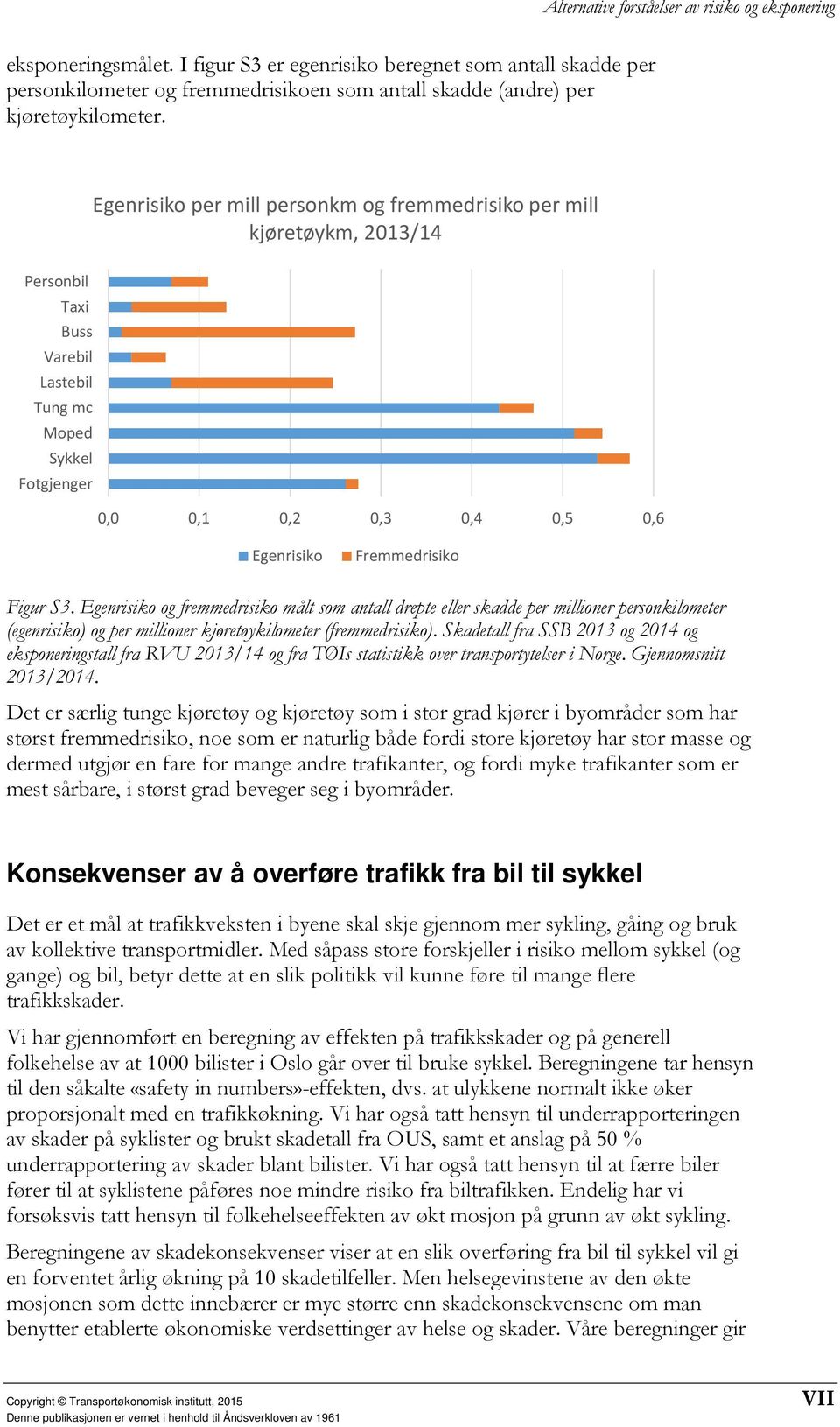 Figur S3. Egenrisiko og fremmedrisiko målt som antall drepte eller skadde per millioner personkilometer (egenrisiko) og per millioner kjøretøykilometer (fremmedrisiko).