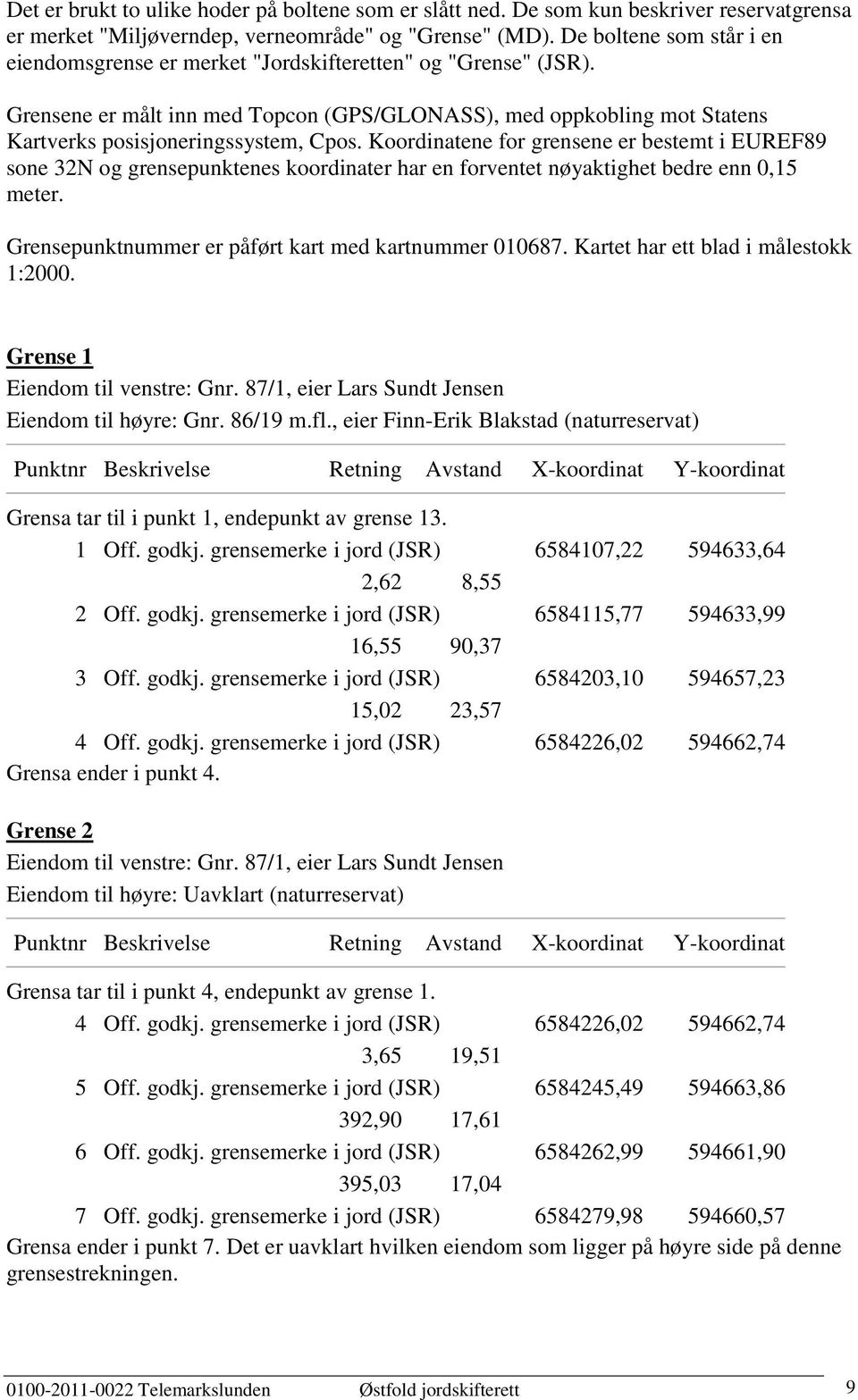 Koordinatene for grensene er bestemt i EUREF89 sone 32N og grensepunktenes koordinater har en forventet nøyaktighet bedre enn 0,15 meter. Grensepunktnummer er påført kart med kartnummer 010687.