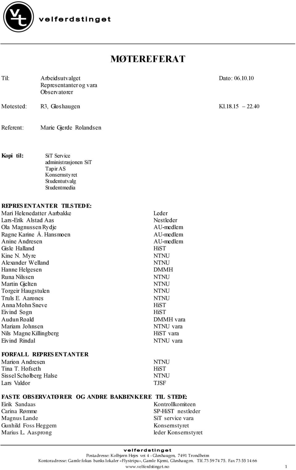 Aas Ola Magnussen Rydje Ragne Karine Å. Hansmoen Anine Andresen Gisle Halland Kine N. Myre Alexander Welland Hanne Helgesen Runa Nilssen Martin Gjelten Torgeir Haugstulen Truls E.