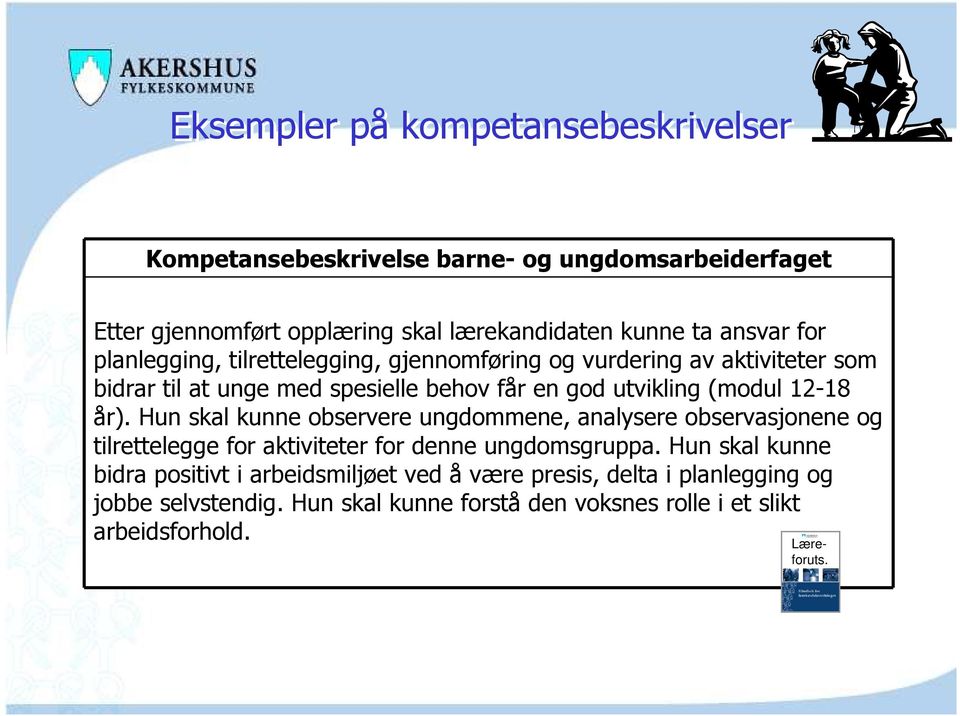 år). Hun skal kunne observere ungdommene, analysere observasjonene og tilrettelegge for aktiviteter for denne ungdomsgruppa.