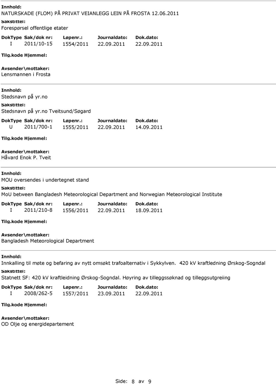 Tveit MO oversendes i undertegnet stand Mo between Bangladesh Meteorological Department and Norwegian Meteorological nstitute 2011/210-8 1556/2011 18.09.