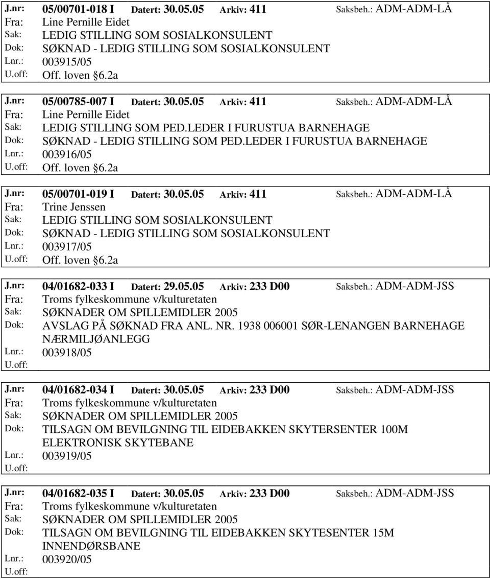 LEDER I FURUSTUA BARNEHAGE Dok: SØKNAD - LEDIG STILLING SOM PED.LEDER I FURUSTUA BARNEHAGE Lnr.: 003916/05 Off. loven 6.2a J.nr: 05/00701-019 I Datert: 30.05.05 Arkiv: 411 Saksbeh.