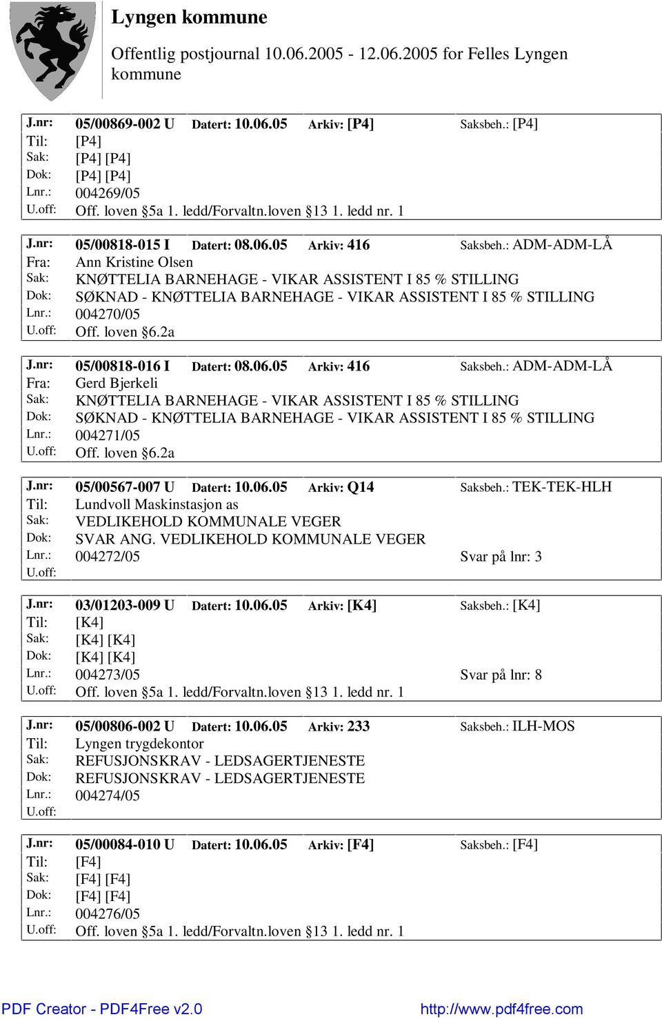 : 004271/05 Off. loven 6.2a J.nr: 05/00567-007 U Datert: 10.06.05 Arkiv: Q14 Saksbeh.: TEK-TEK-HLH Til: Lundvoll Maskinstasjon as Sak: VEDLIKEHOLD KOMMUNALE VEGER Dok: SVAR ANG.