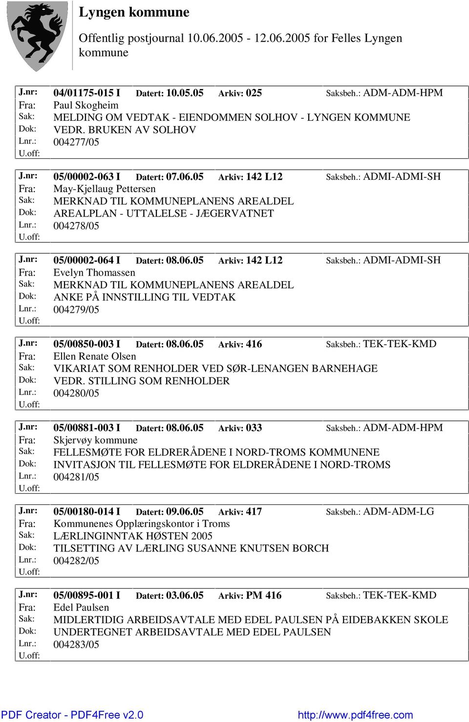 : 004278/05 J.nr: 05/00002-064 I Datert: 08.06.05 Arkiv: 142 L12 Saksbeh.: ADMI-ADMI-SH Fra: Evelyn Thomassen Sak: MERKNAD TIL KOMMUNEPLANENS AREALDEL Dok: ANKE PÅ INNSTILLING TIL VEDTAK Lnr.