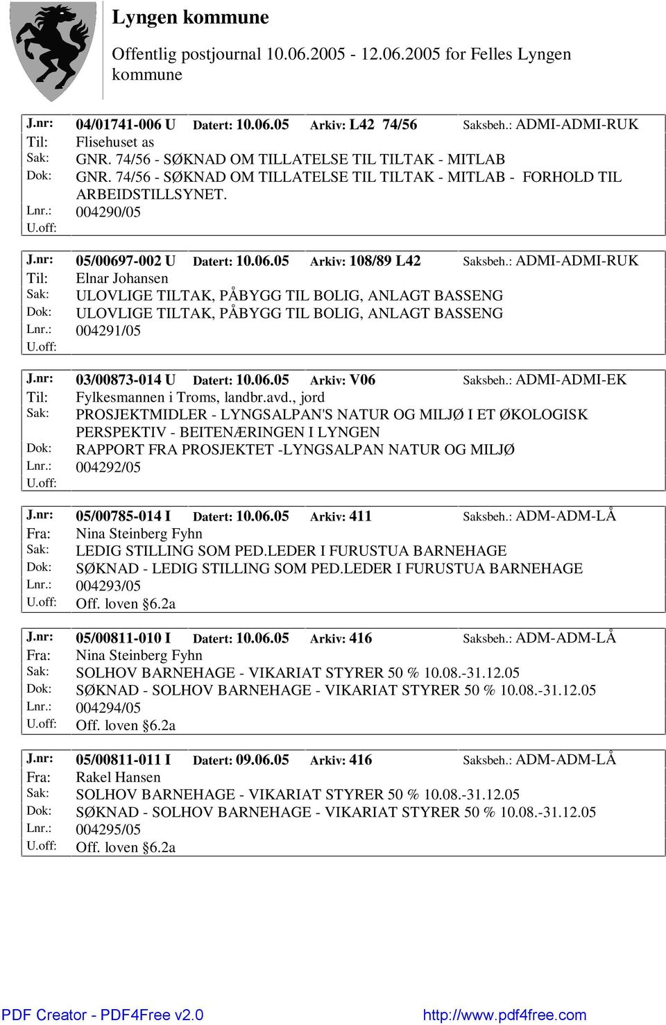 : ADMI-ADMI-RUK Til: Elnar Johansen Sak: ULOVLIGE TILTAK, PÅBYGG TIL BOLIG, ANLAGT BASSENG Dok: ULOVLIGE TILTAK, PÅBYGG TIL BOLIG, ANLAGT BASSENG Lnr.: 004291/05 J.nr: 03/00873-014 U Datert: 10.06.