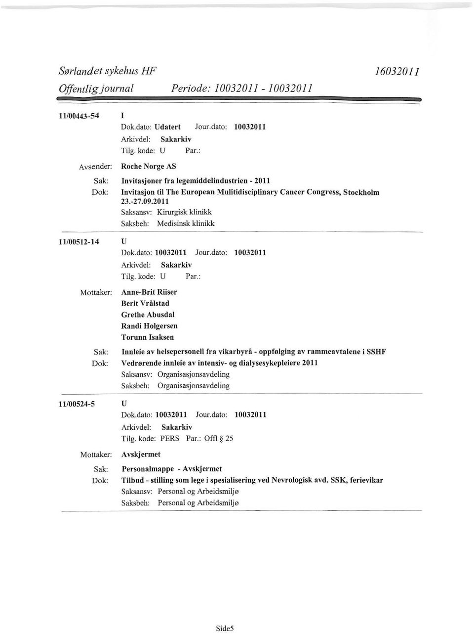 2011 Medisinsk klinikk 11/00512-14 u Tilg. kode: U Sakarkiv Anne-Brit Riiser Berit Vrålstad Grethe Abusdal Randi Holgersen Torunn Isaksen Par.