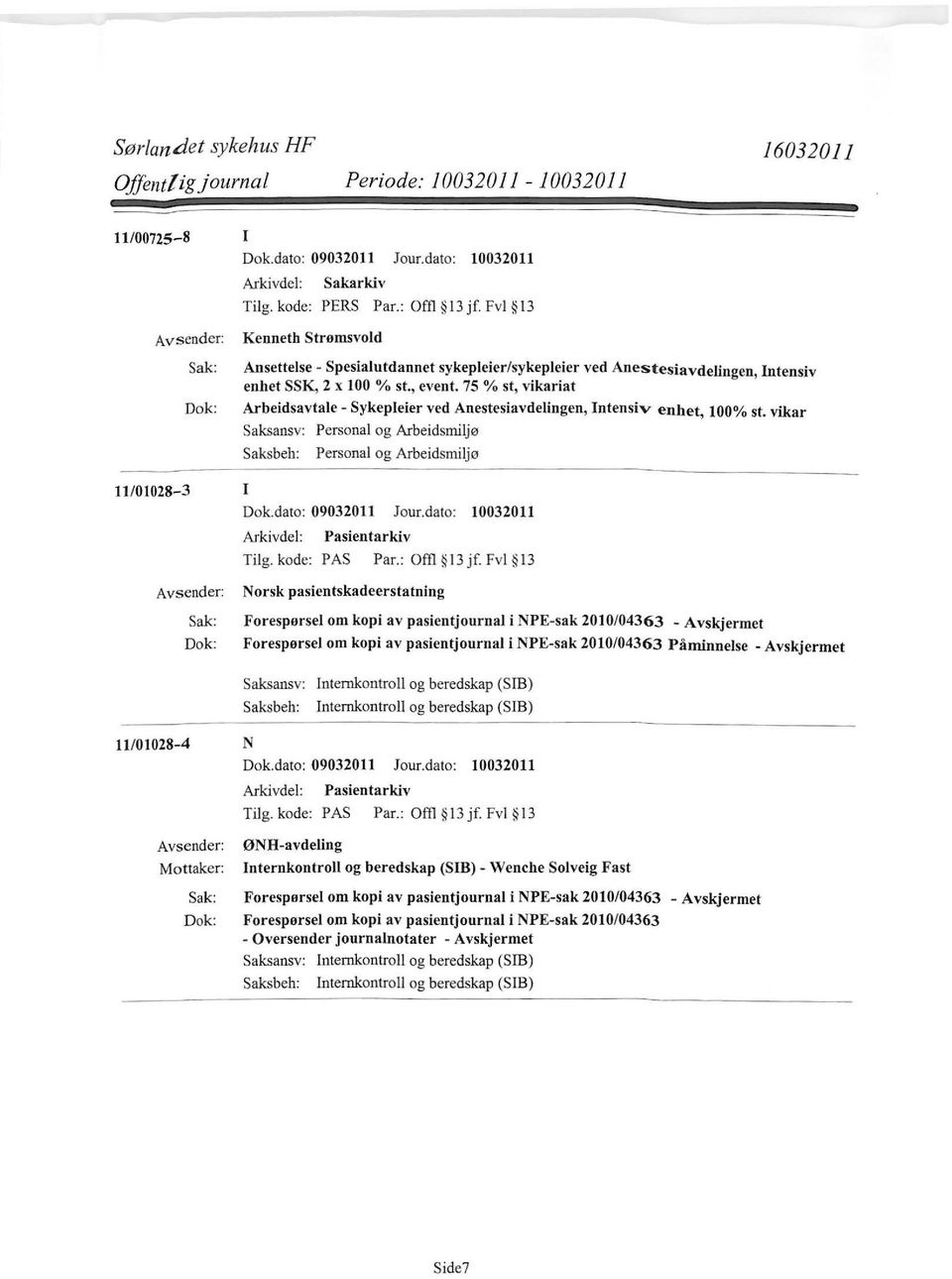 75% st, vikariat Arbeidsavtale- Sykepleier ved Anestesiavdelingen, Intensiv enhet, 100% st. vikar Personal og Arbeidsmiljø 11/01028-3 I Pasientarkiv Tilg. kode: PAS Par.: Offl 13 jf.