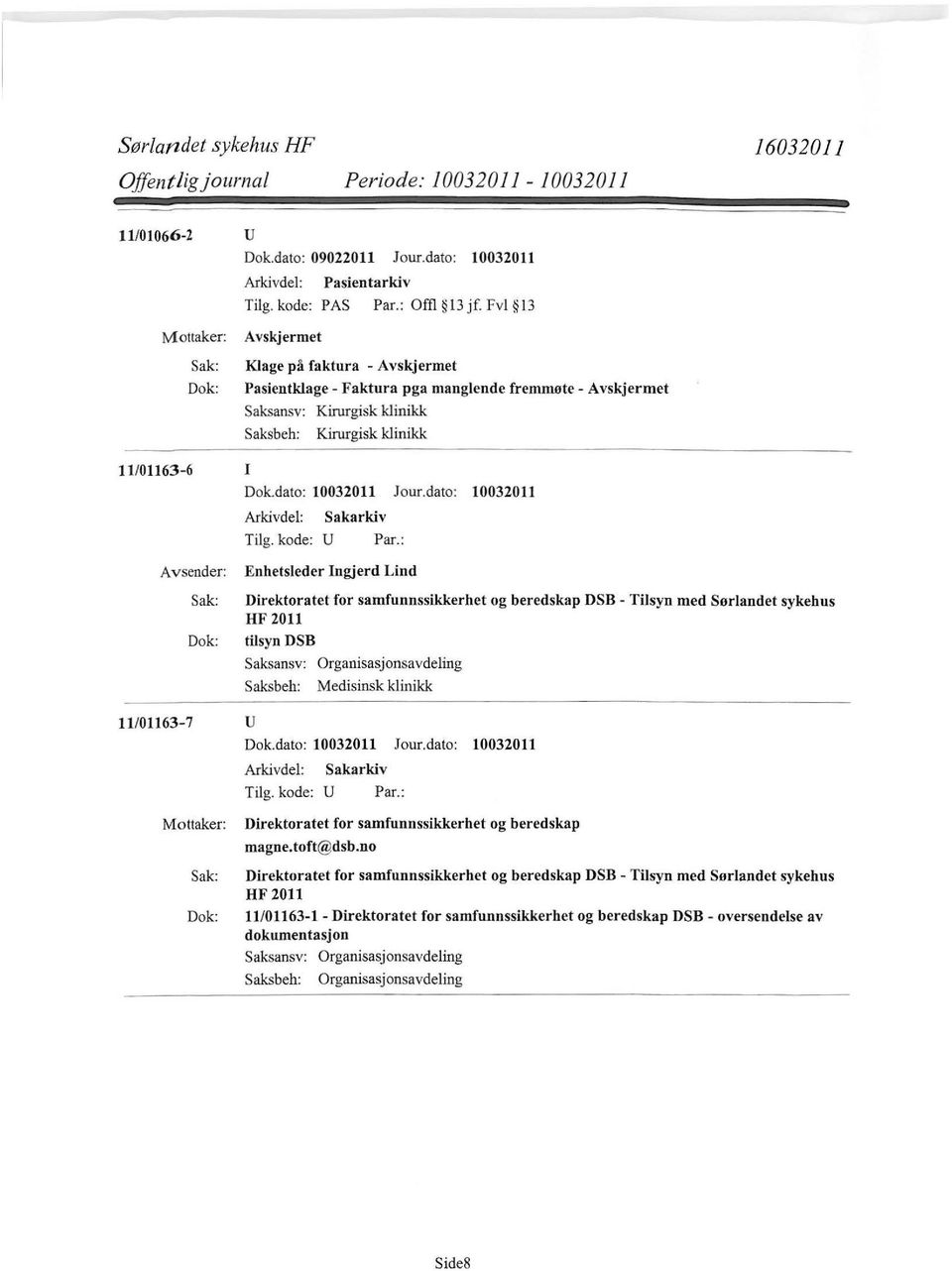 : Enhetsleder Ingjerd Lind Direktoratet for samfunnssikkerhet og beredskap DSB - Tilsyn med Sørlandet sykehus HF 2011 tilsyn DSB Saksansv: Organisasjonsavdeling Medisinsk klinikk 11/01163-7 u Tilg.