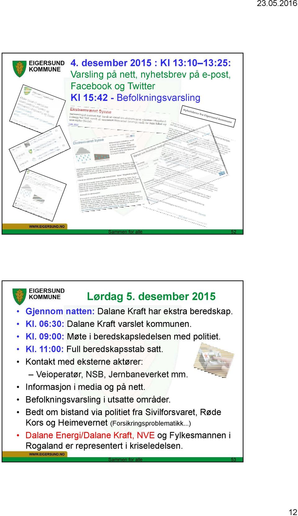 Kontakt med eksterne aktører: Veioperatør, NSB, Jernbaneverket mm. Informasjon i media og på nett. Befolkningsvarsling i utsatte områder.