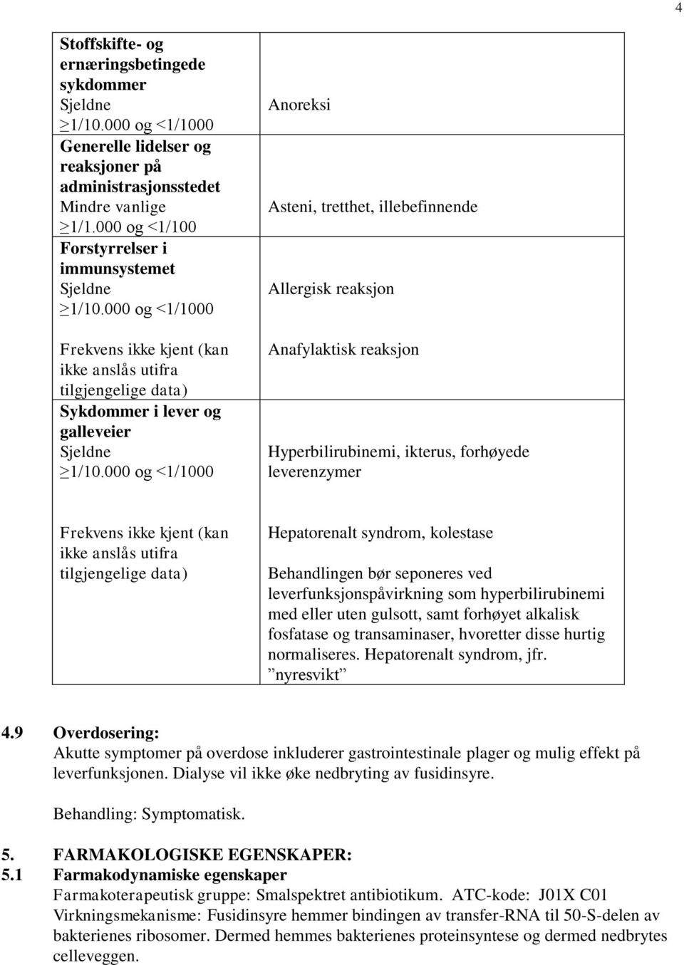 000 og <1/1000 Anoreksi Asteni, tretthet, illebefinnende Allergisk reaksjon Anafylaktisk reaksjon Hyperbilirubinemi, ikterus, forhøyede leverenzymer Frekvens ikke kjent (kan ikke anslås utifra