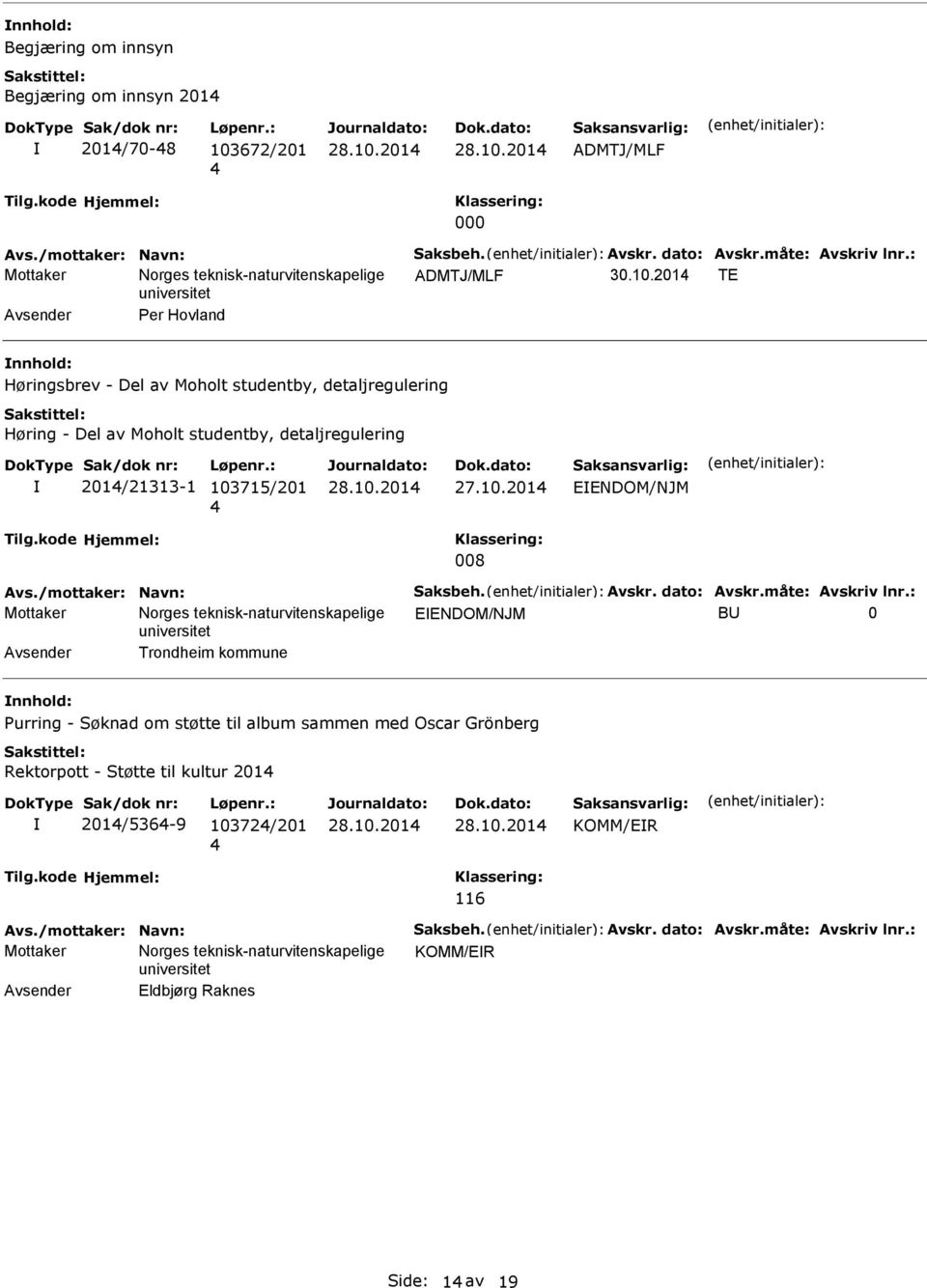 201 TE Avsender er Hovland Høringsbrev - Del av Moholt studentby, detaljregulering Høring - Del av Moholt studentby, detaljregulering 201/21313-1 103715/201 27.10.201 EEDOM/JM 008 Avs.