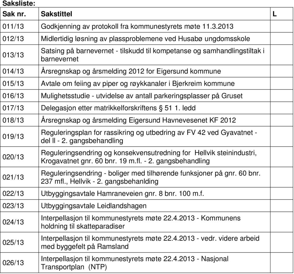 2013 012/13 Midlertidig løsning av plassproblemene ved Husabø ungdomsskole 013/13 Satsing på barnevernet - tilskudd til kompetanse og samhandlingstiltak i barnevernet 014/13 Årsregnskap og årsmelding