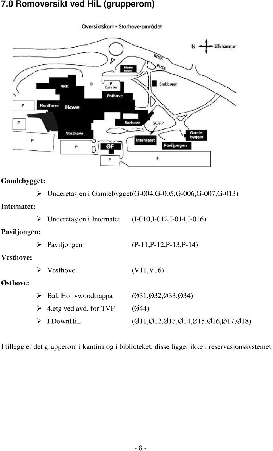 Vesthove: Vesthove (V11,V16) Østhove: Bak Hollywoodtrappa (Ø31,Ø32,Ø33,Ø34) 4.etg ved avd.