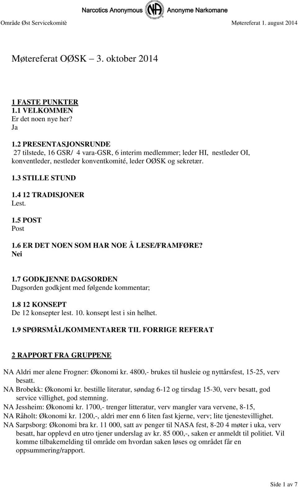 4 12 TRADISJONER Lest. 1.5 POST Post 1.6 ER DET NOEN SOM HAR NOE Å LESE/FRAMFØRE? Nei 1.7 GODKJENNE DAGSORDEN Dagsorden godkjent med følgende kommentar; 1.8 12 KONSEPT De 12 konsepter lest. 10.