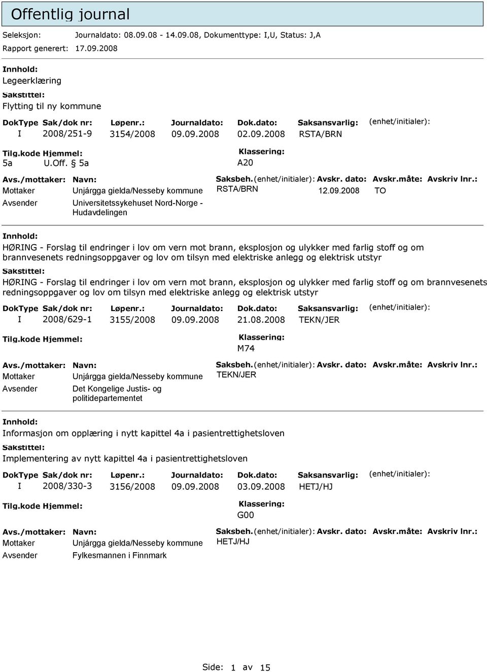 2008 TO Universitetssykehuset Nord-Norge - Hudavdelingen nnhold: HØRNG - Forslag til endringer i lov om vern mot brann, eksplosjon og ulykker med farlig stoff og om brannvesenets redningsoppgaver og