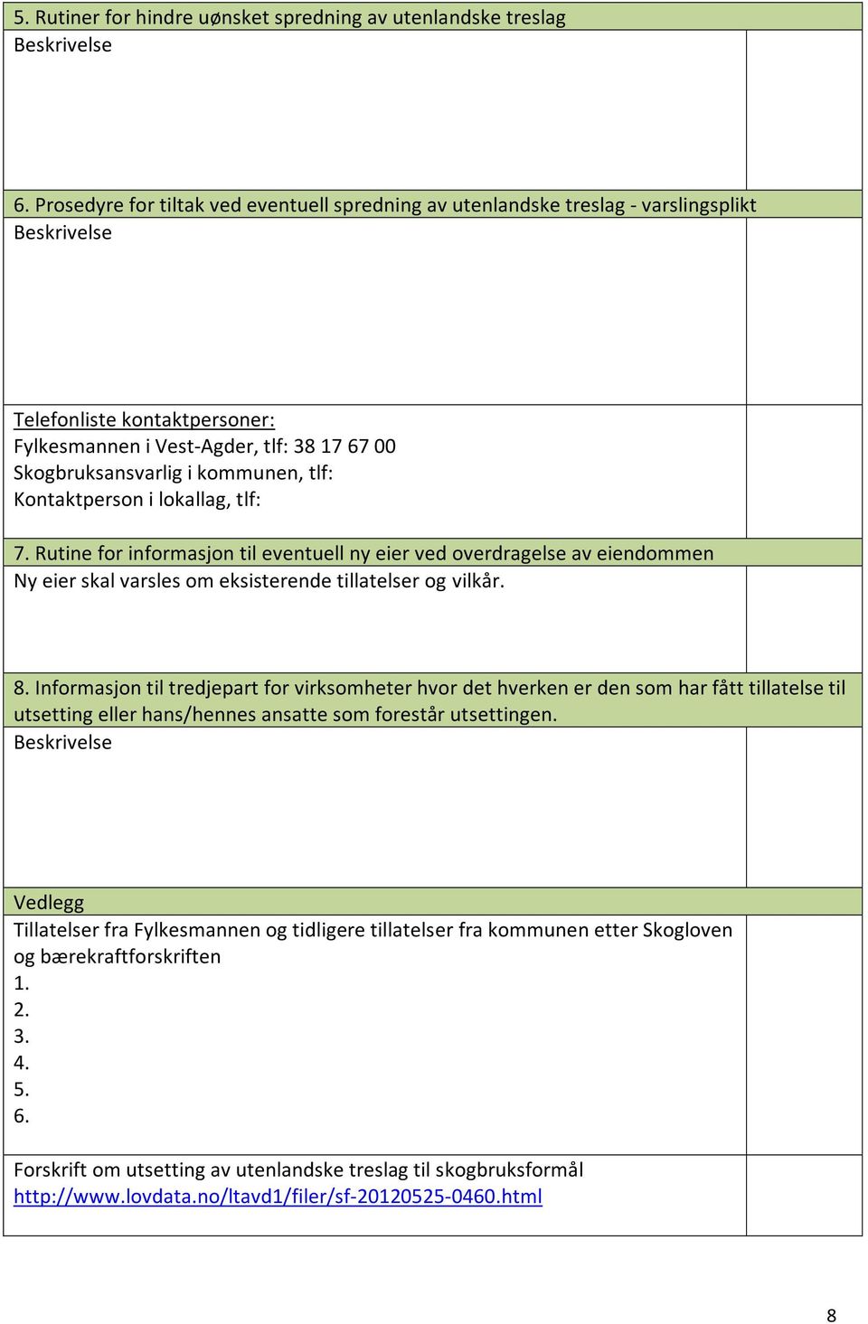 kommunen, tlf: Kontaktperson i lokallag, tlf: 7. Rutine for informasjon til eventuell ny eier ved overdragelse av eiendommen Ny eier skal varsles om eksisterende tillatelser og vilkår. 8.