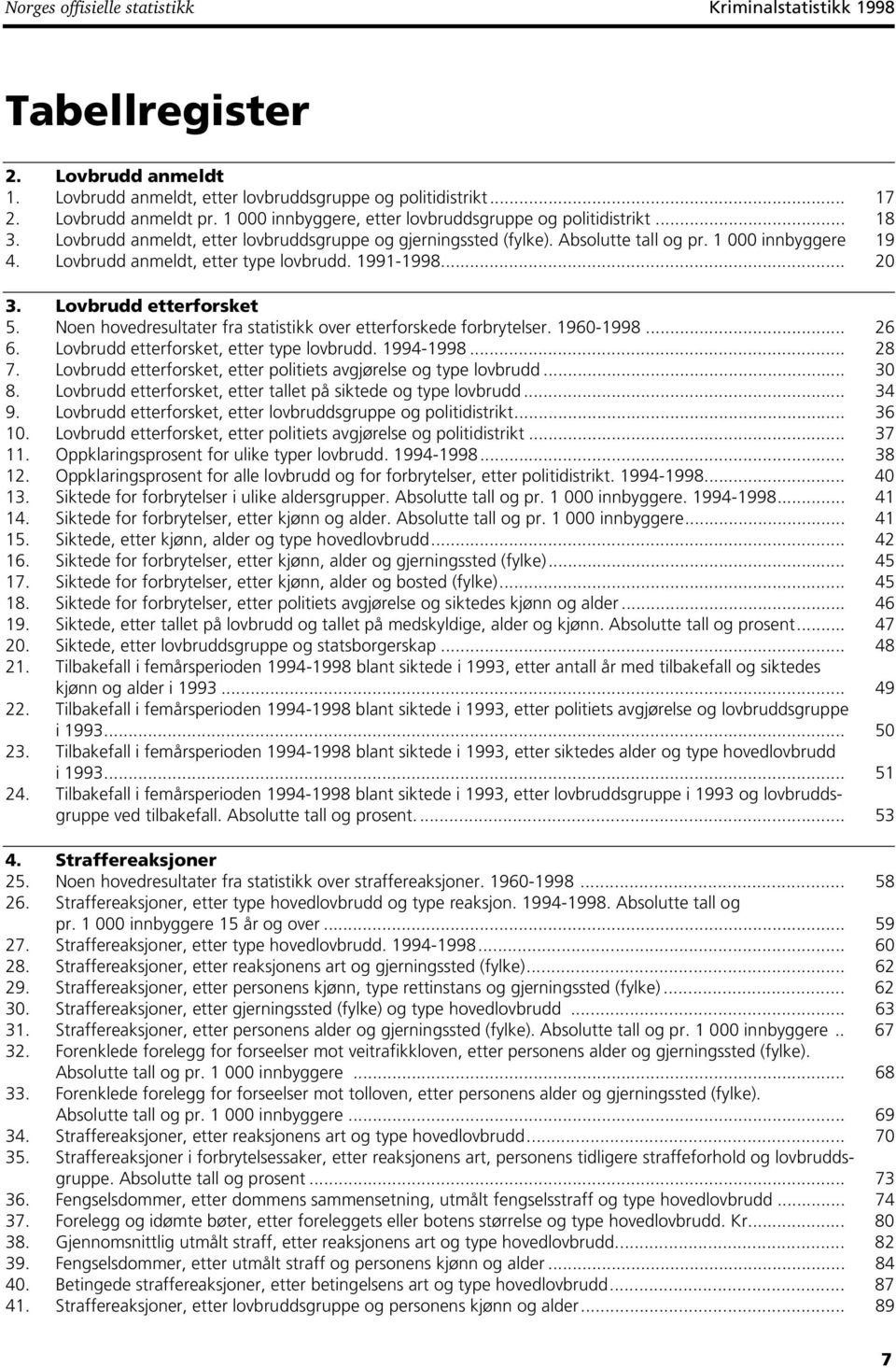 Lovbrudd anmeldt, etter type lovbrudd. 1991-1998... 20 3. Lovbrudd etterforsket 5. Noen hovedresultater fra statistikk over etterforskede forbrytelser. 1960-1998... 26 6.