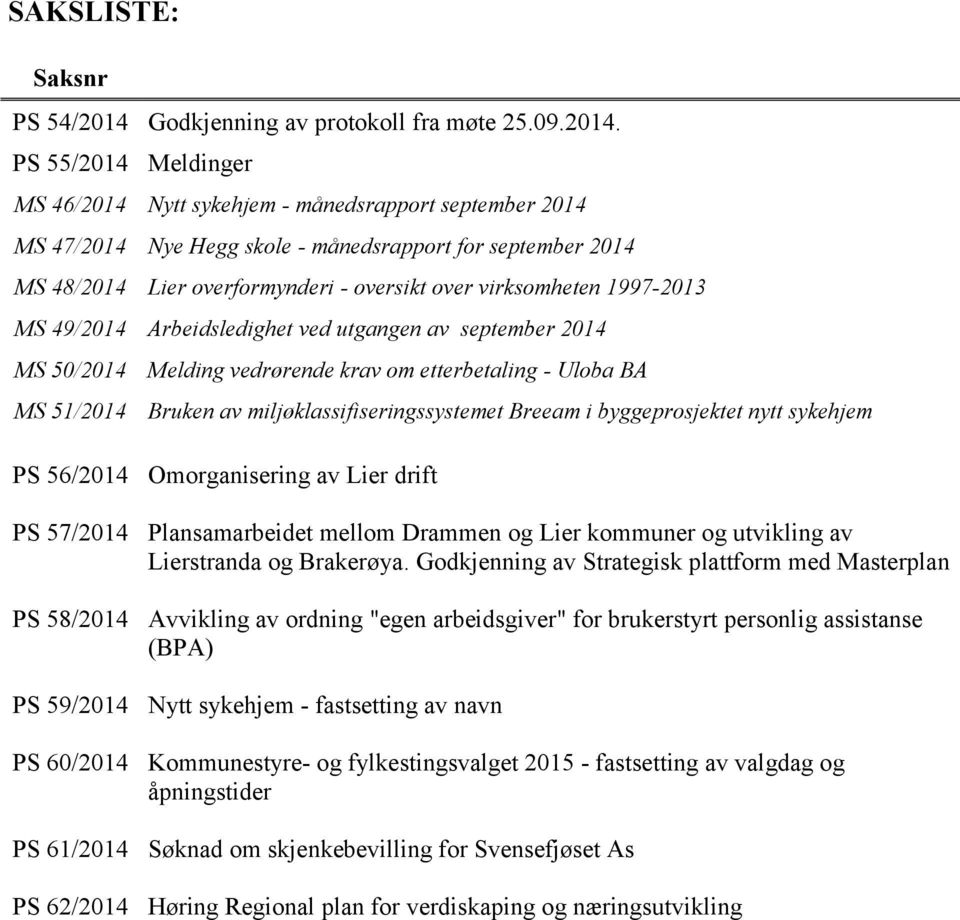 PS 55/2014 Meldinger MS 46/2014 Nytt sykehjem - månedsrapport september 2014 MS 47/2014 Nye Hegg skole - månedsrapport for september 2014 MS 48/2014 Lier overformynderi - oversikt over virksomheten