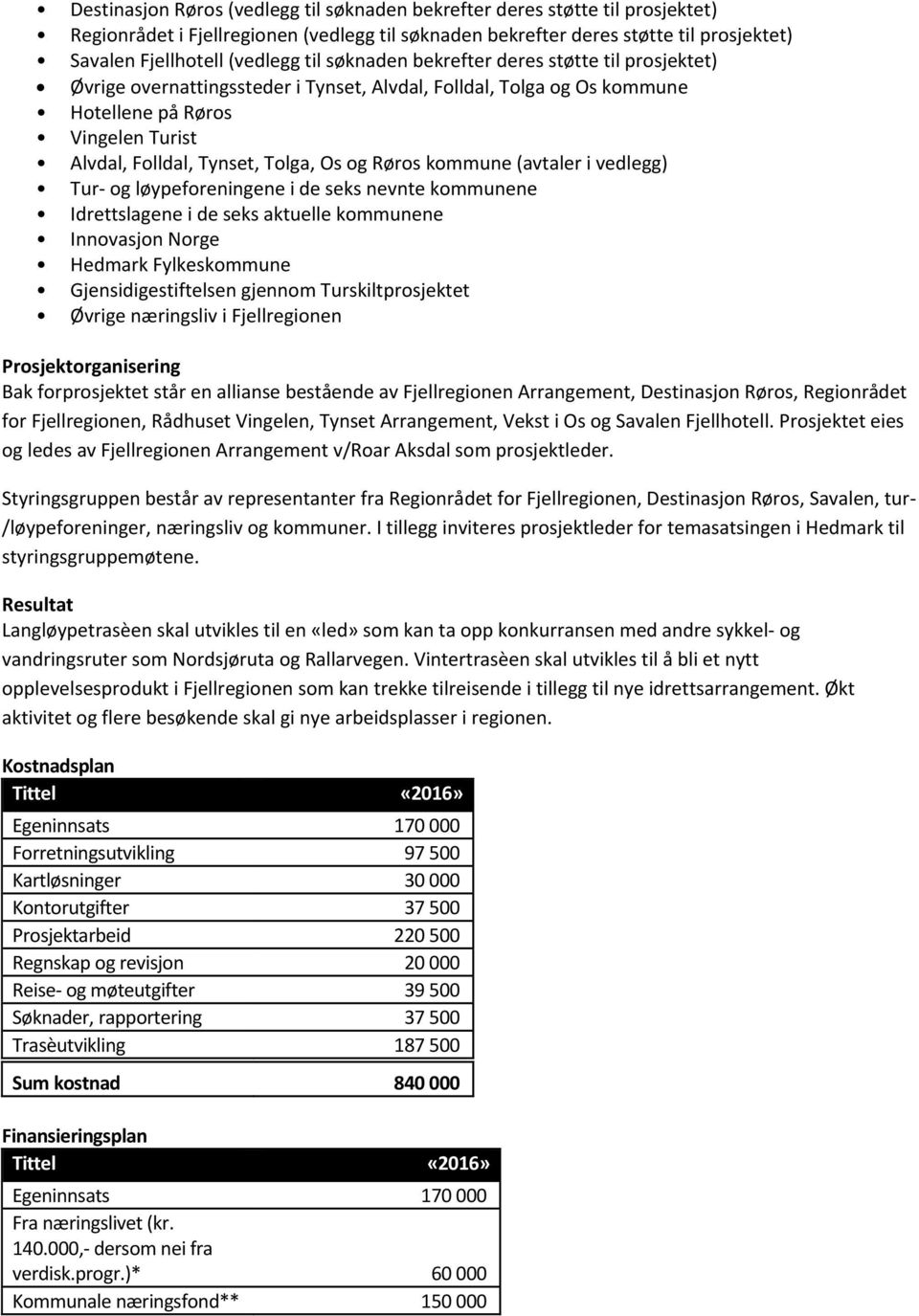 Røros kommune (avtaler i vedlegg) Tur- og løypeforeningene i de seks nevnte kommunene Idrettslagene i de seks aktuelle kommunene Innovasjon Norge Hedmark Fylkeskommune Gjensidigestiftelsen gjennom