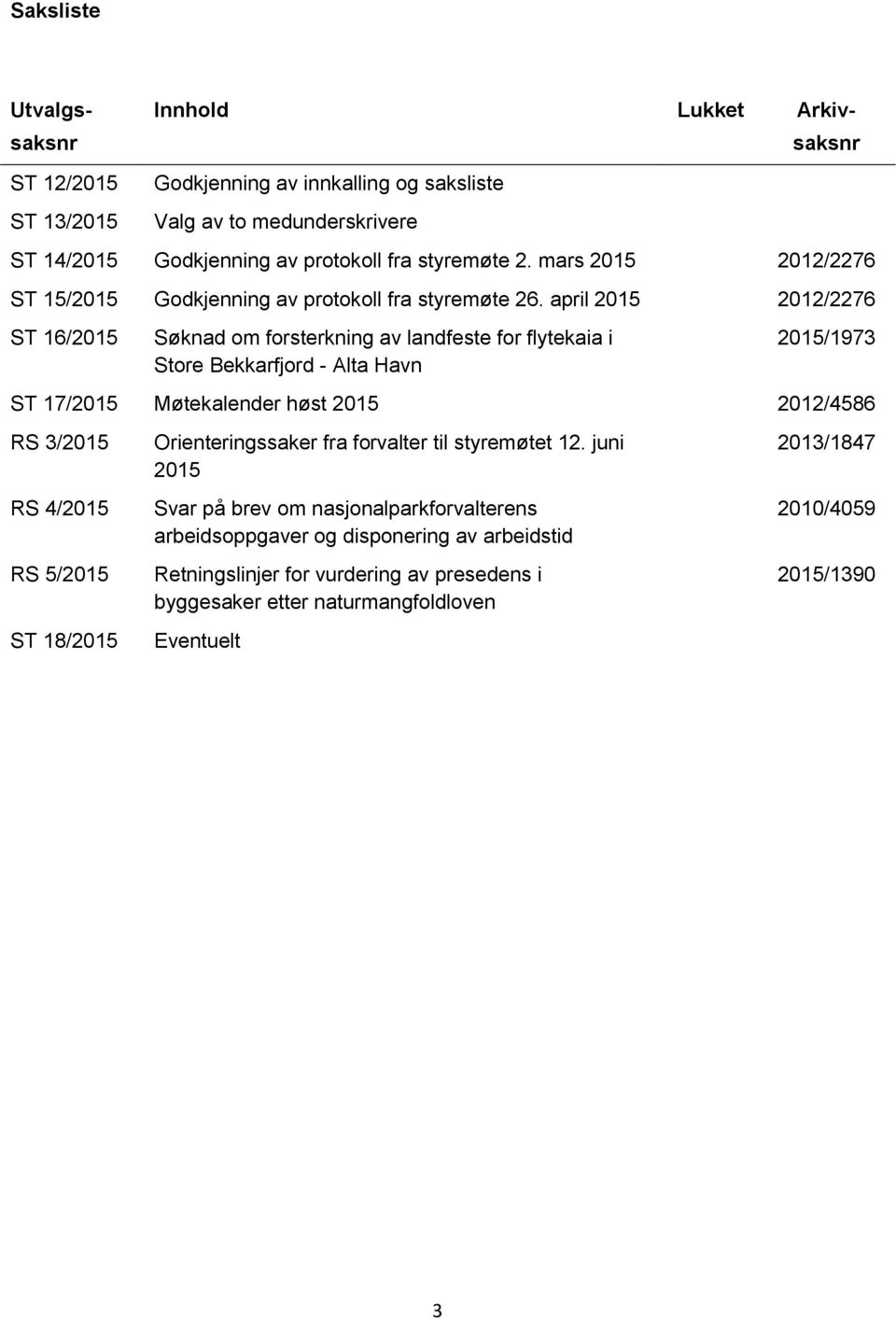 april 2015 2012/2276 ST 16/2015 Søknad om forsterkning av landfeste for flytekaia i Store Bekkarfjord - Alta Havn 2015/1973 ST 17/2015 Møtekalender høst 2015 2012/4586 RS 3/2015 RS