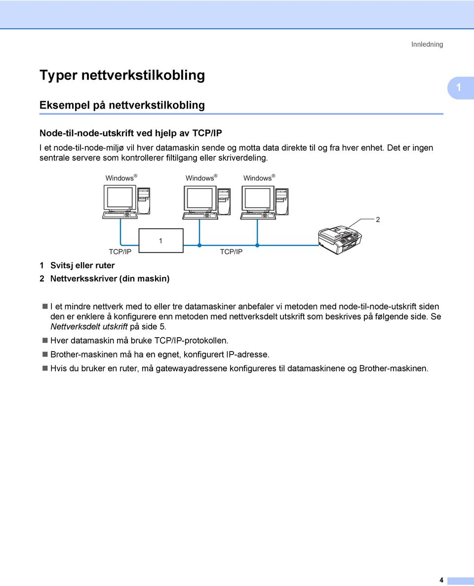 Windows Windows Windows 2 1 TCP/IP 1 Svitsj eller ruter 2 Nettverksskriver (din maskin) TCP/IP I et mindre nettverk med to eller tre datamaskiner anbefaler vi metoden med node-til-node-utskrift siden
