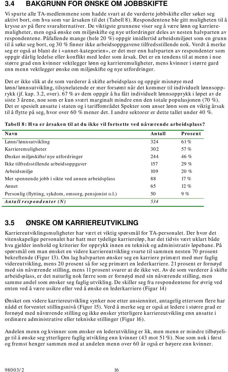 De viktigste grunnene viser seg å være lønn og karrieremuligheter, men også ønske om miljøskifte og nye utfordringer deles av nesten halvparten av respondentene.