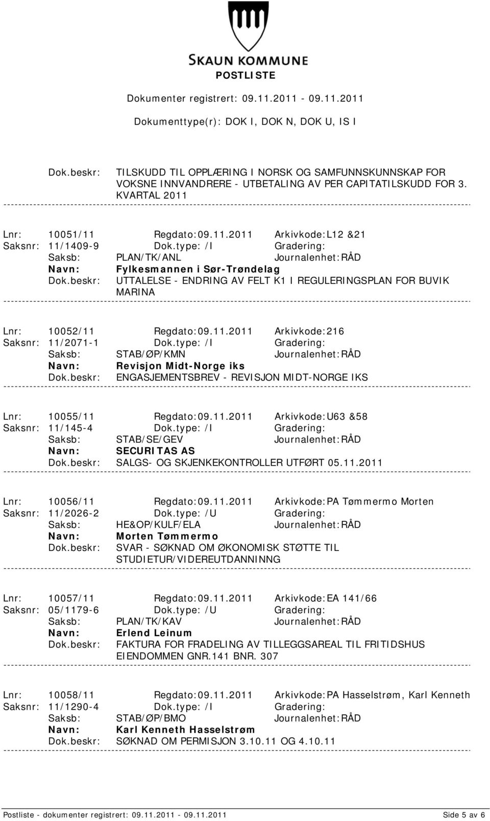 Regdato:09.11.2011 Arkivkode:216 Saksnr: 11/2071-1 Dok.