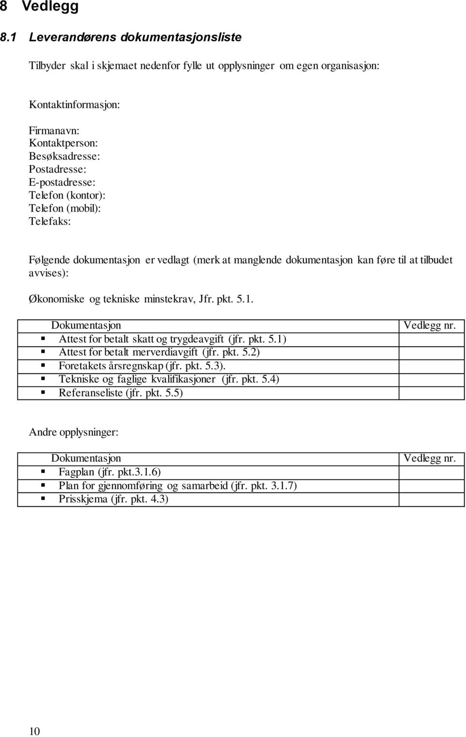 E-postadresse: Telefon (kontor): Telefon (mobil): Telefaks: Følgende dokumentasjon er vedlagt (merk at manglende dokumentasjon kan føre til at tilbudet avvises): Økonomiske og tekniske minstekrav,