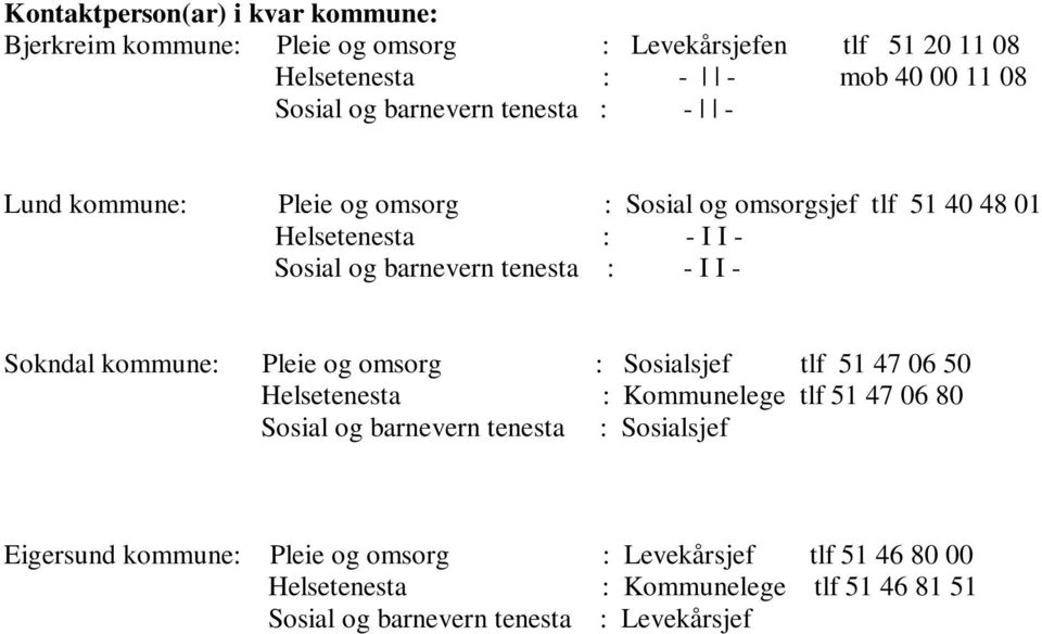 I I - Sokndal kommune: Pleie og omsorg : Sosialsjef tlf 51 47 06 50 Helsetenesta : Kommunelege tlf 51 47 06 80 Sosial og barnevern tenesta :