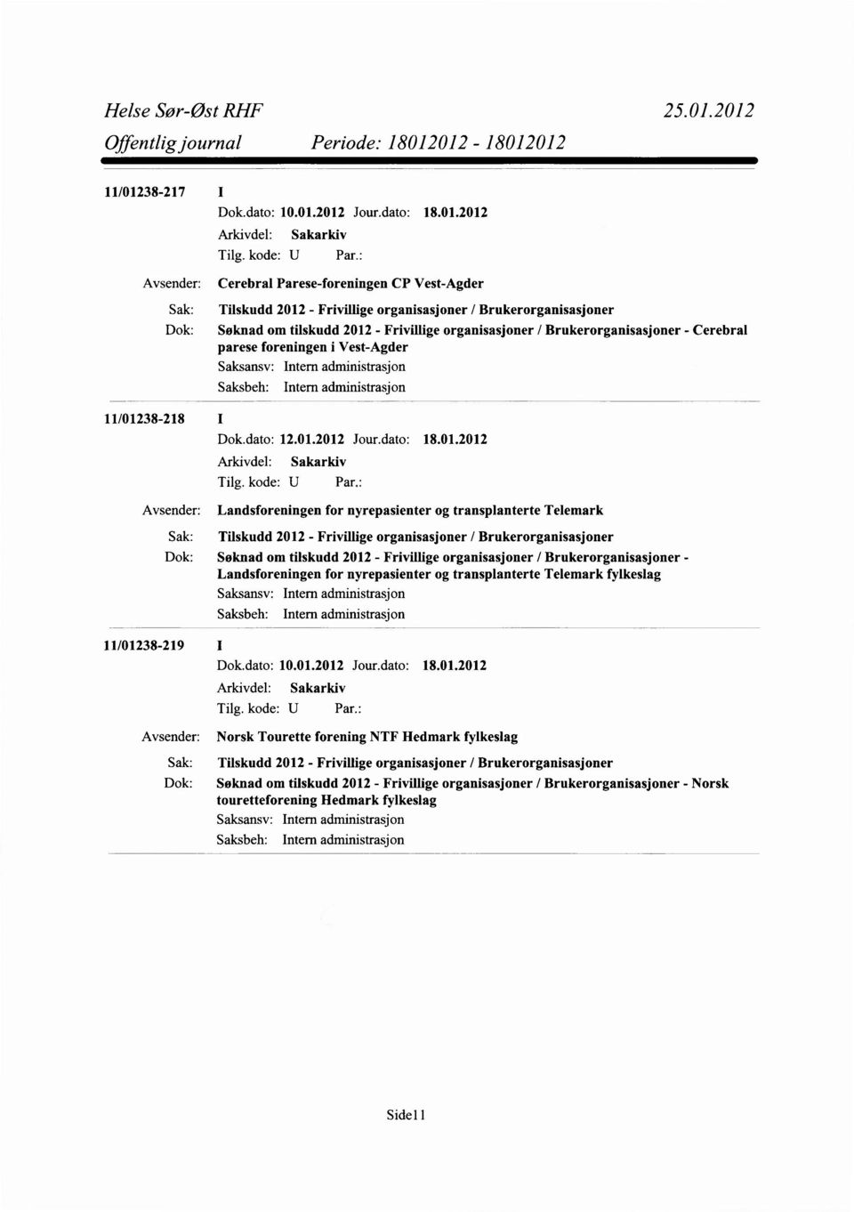 2012 Jour.dato: 18.01.2012 Cerebral Parese-foreningen CP Vest-Agder 38-218 I Tilskudd 2012 - Frivillige organisasjoner / Brukerorganisasjoner Dok: Søknad om tilskudd 2012 - Frivillige organisasjoner