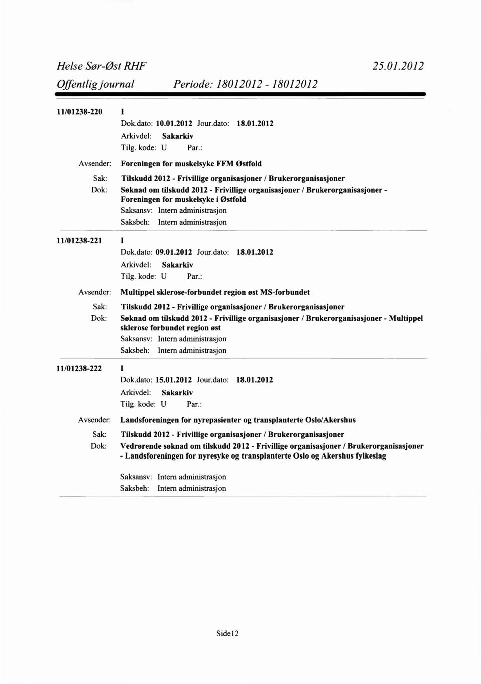 2012 Jour.dato: 18.01.2012 Arkivdel: Sakarkiv Foreningen for muskelsyke FFM Østfold Tilskudd 2012 - Frivillige organisasjoner / Brukerorganisasjoner Dok: Soknad om tilskudd 2012 - Frivillige