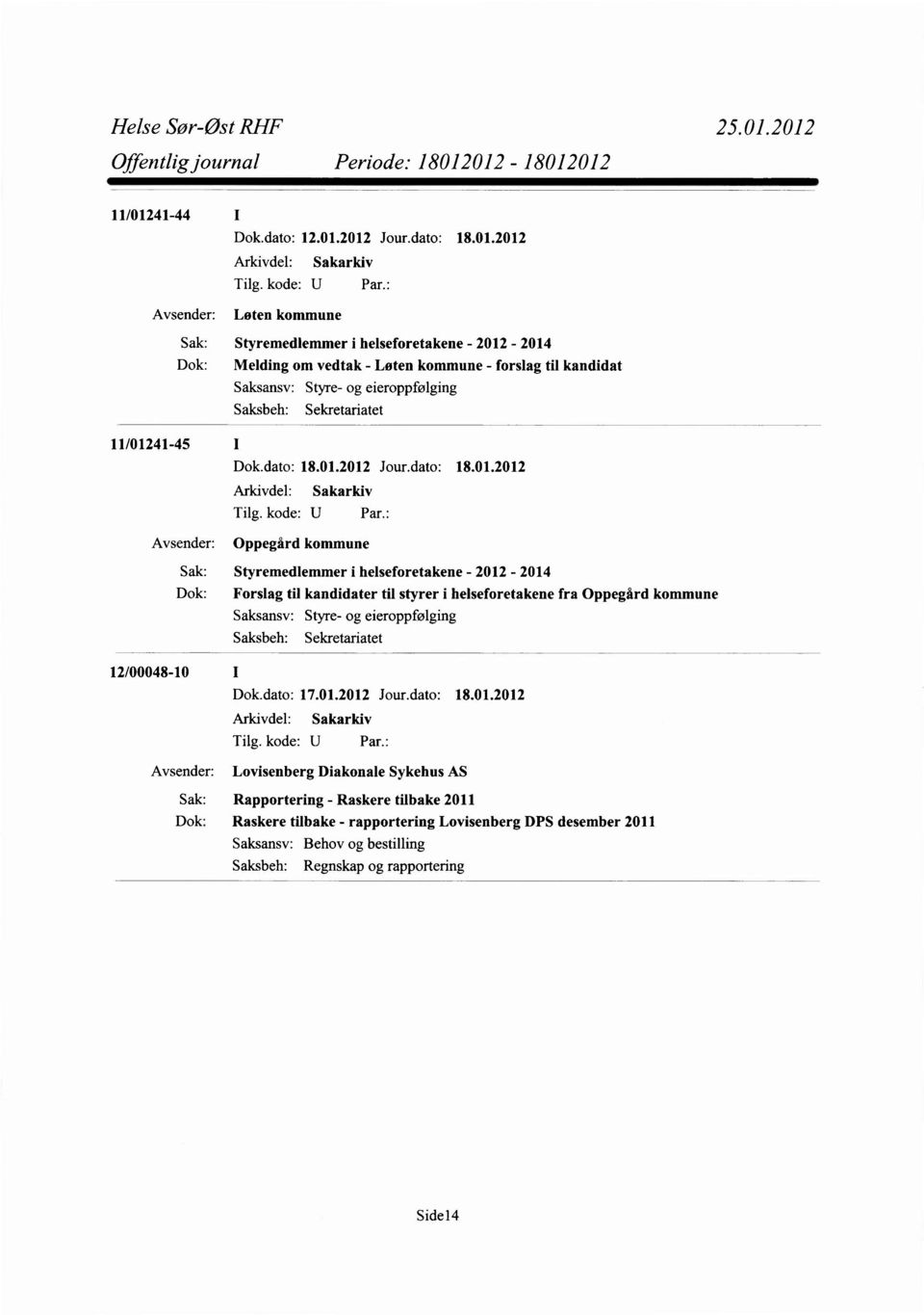 - forslag til kandidat Styre- og eieroppfølging Sekretariatet 11/01241-45 I Oppegård kommune Styremedlemmer i helseforetakene - 2012-2014 Dok: Forslag til