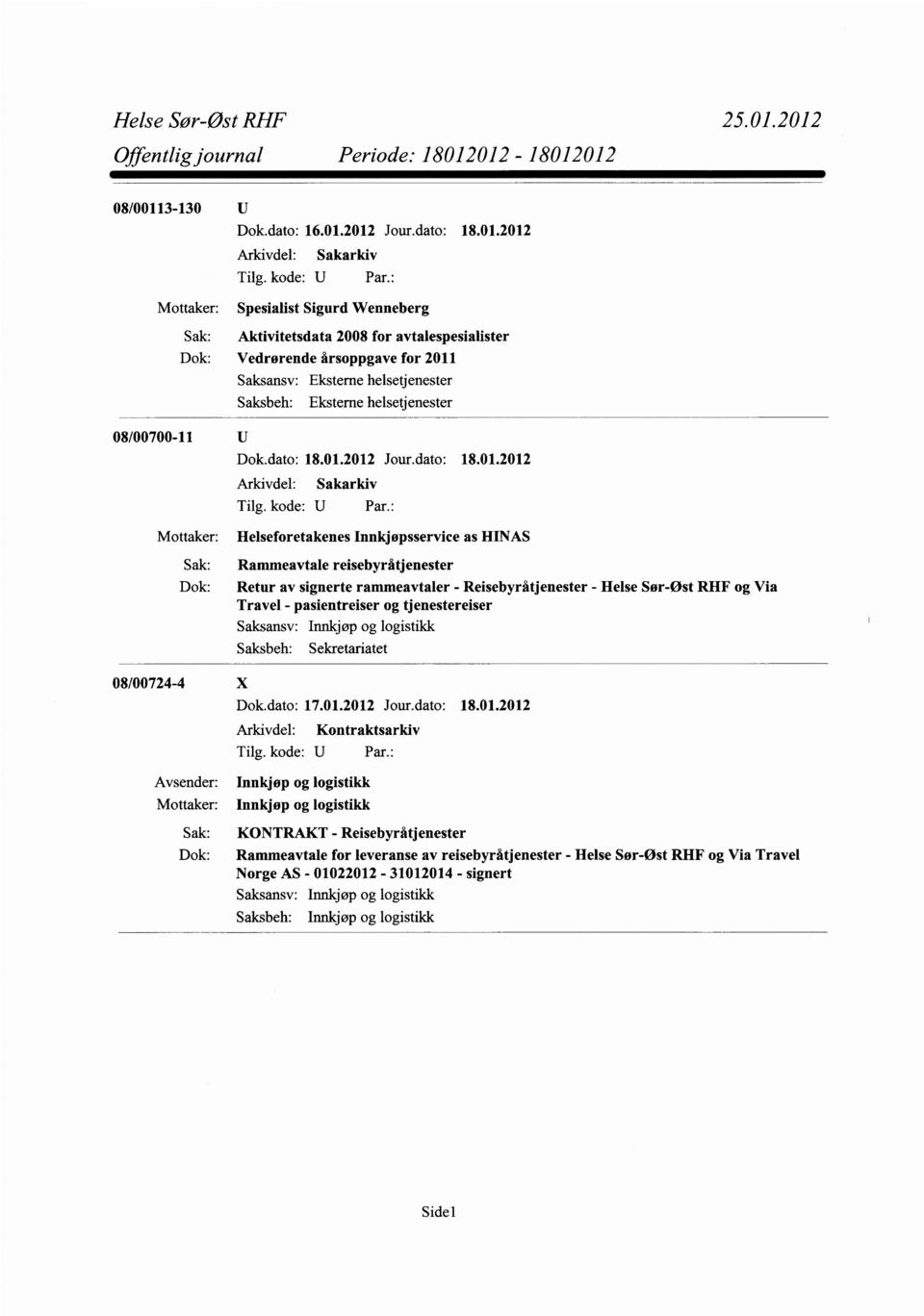 2011 Eksterne helsetjenester Eksterne helsetjenester 08/00700-11 Mottaker: Helseforetakenes Innkjøpsservice as HINAS Rammeavtale reisebyråtjenester Dok: Retur av signerte